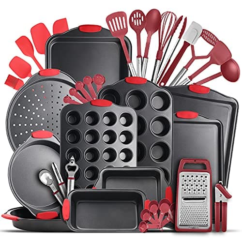 Image of Eatex Nonstick Bakeware Sets with Baking Pans Set, 39 Piece Baking Set with Muffin Pan, Cake Pan & Cookie Sheets for Baking Nonstick Set, Steel Baking Sheets for Oven with Red Kitchen Utensils Set