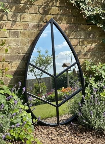 Image of DEENZ Leaf Shape Garden Mirror Plastic Framed Indoor/Outdoor Use Wall Mounted Patio Spaces Floral Vanity Display Geometric Pattern Glass Surface Home Decor 76 X 42.5 X 1.8 Cm (BLACK)