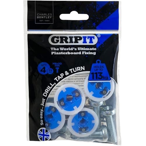Image of Gripit Blue Heavy-Duty Plasterboard Fixings - Reusable Drywall Fixings - Pack of 4 - Holds Up to 113kg - Easy to Install Drywall Anchor for TV, Stud Walls, Kitchen Units & Boilers – UK Designed