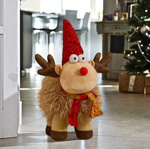 Image of Marco Paul 38cm Christmas Reindeer Ornament - Freestanding Weighted Plush Deer with Sequin Santa Hat - Novelty Christmas Decorations for Decorative Door Stop, Home Decor, Centrepiece & Gift Idea