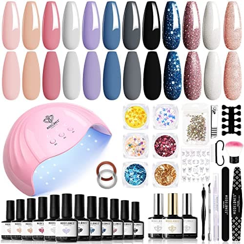 Image of Modelones Gel Nail Kit - 12 Colors Pink White Black Gel Nail Polish Kit with 48W Lamp Starter Kit, Glossy & Matte Top and Base Coat, Manicure Tools for Beginner DIY at Home
