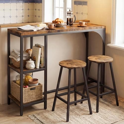 Image of MAXLEAD Small Breakfast Dining Table and 2 Bar Stools Set, Kitchen Table with Storage Shelves, Rustic Industrial Space Saving Table for Small Kitchens/Studio Flats