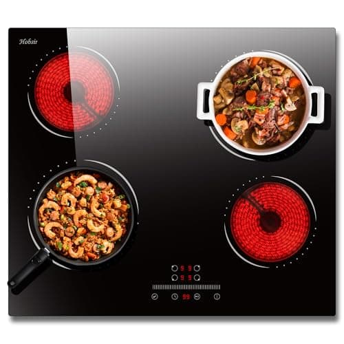 Image of Hobsir hob Electric Ceramic Hob 60 cm 4 Zone with Slide Touch Control 6000W, Timer & Kid Safety Lock, 9 Power Levels, 220V-240V Hard Wire (No Plug)