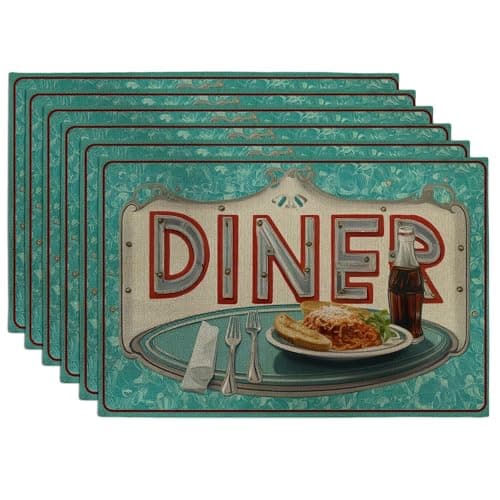 Image of Vintage Style Aqua Diner Placemats, Retro Table Mats for Dining Room, Non-Slip Washable Indoor Outdoor Decorative Place mats Set of 6