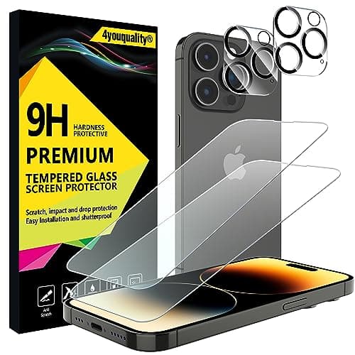 Image of 4youquality [4-in-1 Screen Protector for iPhone 14 Pro with Camera Lens Protector, Tempered Glass Film, 2-Pack Each, [LifetimeSupport][Impact-Resistant][Anti-Scratch][Ultra-Transparent]