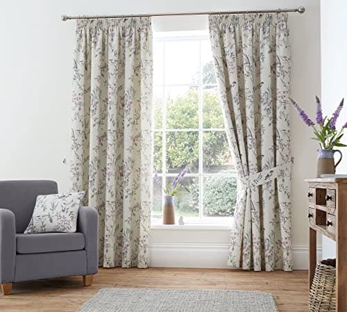 Image of Dreams & Drapes Design - Jazmine - 100% Cotton, Fully Lined, Pencil Pleat Pair of Pencil Pleat Curtains With Tie-Backs - 66" Width x 72" Drop (168 x 183cm) in Heather