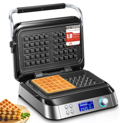 Image of Pro Smart Waffle Maker, Non-Stick, 7 Browning Levels, 5 Programmes, Family Size, Digital Display, Overflow Protection, 1600W, Countdown Timer, Audible Alerts (Silver)