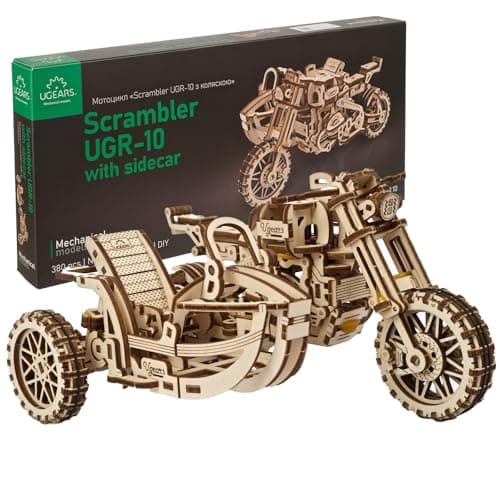 Image of UGEARS Scrambler UGR-10 Motor Bike with Sidecar - 3D Puzzle Build Your Own - Mechanical Wooden Model Kits For Adults to Build - 3D Wooden Puzzles for Adults Motorbike for Men