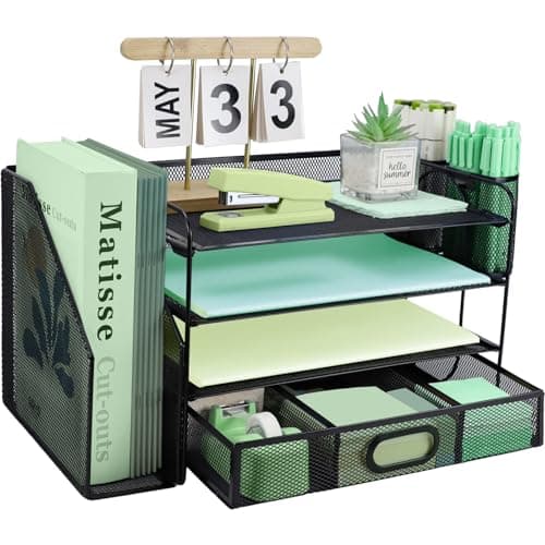 Image of 3 Tier Desk File Organiser with Extra Vertical File Sorter, Paper Letter Tray with Top Stationery Drawer Holder, A4 Paper Desktop Filing Trays, Magazine Document Holder for Home Office, Black