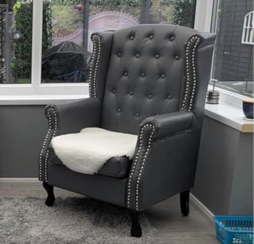 Image of Faux Leather Wing Chair High Back Grey Queen Anne Chesterfield Armchair Small Antique Style Accent Lounge Living Room Office Fireside Bedroom Sofa Seat