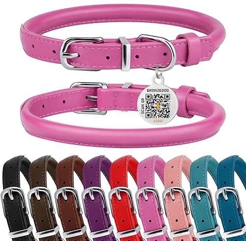 Image of BRONZEDOG Rolled Leather Dog Collar for Small Medium Large Dogs with QR ID Tag (Hot Pink, S: 30-36 cm)