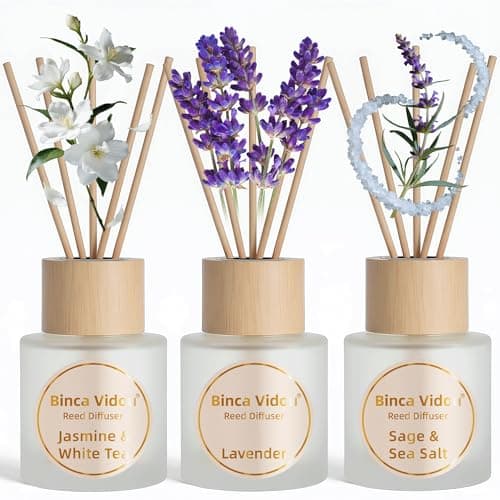 Image of Binca Vidou Reed Diffuser Set of 3, Natural Scent Oil Diffusers with Sticks for Home Office Bathroom Aromatherapy Decor (Lavender, Jasmine & White Tea, Sage & Sea Salt, 50ml x 3)