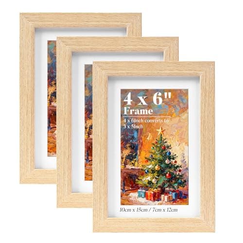 Image of HOUSE DAY 6x4 Photo Frames,100% Solid Wood Picture Frames 6x4 with Mount,set of 3，Wooden A6 Frame Postcard Frame Tabletop and Wall Mounting for Family,Landscape,Pet Memorial,Wedding,10x15cm