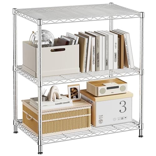 Image of REIBII 3-Tier Shelving Unit, 35D x 60W x 76H cm Storage Shelves, Height Adjustable Wire Rack, 150 KG Thickened Silver Chrome, Standing Shelf Organizer for Living Room, Kitchen, Bathroom, Narrow Space