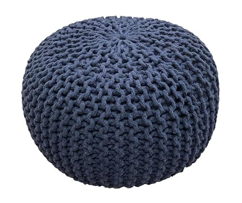 Image of YORKSHIRE HOMEWARE Large 100% Cotton Chunky Knitted Round Pouffe Handmade Bean Filled Home Living Room Children Foot Stool Ottoman (Navy)