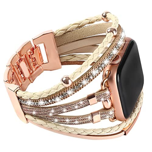 Image of WONMILLE Posh Leather Bands Compatible With Apple Watch 45mm 44mm 42mm 49mm Women, Boho Bracelets Jewelry Multilayer Wrap Strap for iwatch Series SE 8 7 6 5 4 3 2 1 (Glitter Pink, 42mm/44mm/45mm)