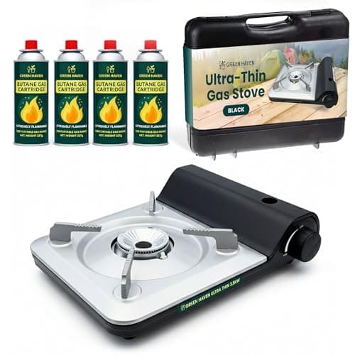 Image of GREEN HAVEN Ultra Slim Portable Butane Gas Stove – Compact Single Burner Camping Cooker for Indoor & Outdoor Use, Lightweight Tabletop Gas Hob with Piezo Ignition, Heat Control & Carry Case