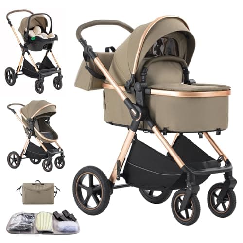 Image of Mobayta 3 in 1 Prams Travel System, Travel Pram with Mosquito Net Raincoat, Pushchair with Height Adjustable Handle for Newborn 0-22KG, Baby Stroller with Aluminum Frame (D2 Light Brown, H2-D)