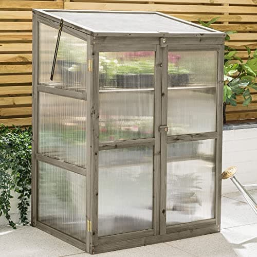 Image of Christow Wooden Greenhouse Garden Cold Frame Lean To Grow House Polycarbonate Windows (H110cm x W76cm x D59cm) (Grey Finish)