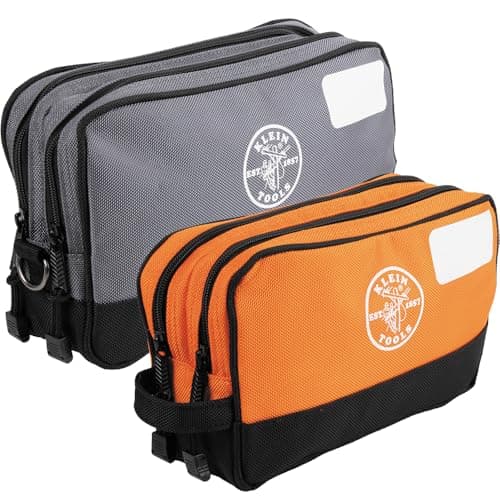 Image of KLEIN TOOLS 55579 10x6 and 12x7 Inch Zipper Tool Pouch, Double Compartment, Heavy Duty Tool Pouch, Multi-Function Organizer for Tools and Crafts, Pack of 2, Grey/Orange, Classic