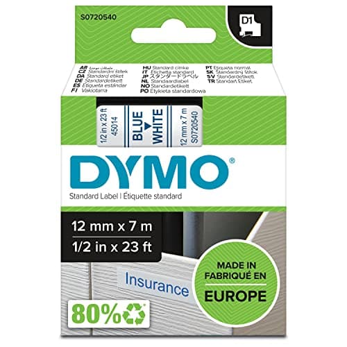 Image of DYMO Authentic D1 Labels | Blue Print on White Tape | 12 mm x 7 m | Self-Adhesive Labels for LabelManager Label Makers | Made in Europe