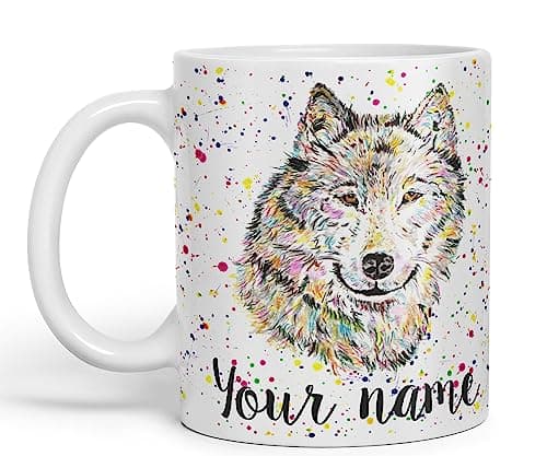 Image of Vixar Personalised with Your Text Wolf Wolves Wildlife Animals Watercolour Art Coloured Ceramic Mug Cup Gift 330ml 11oz Custom Work Office Tea Coffee (O2) (White)