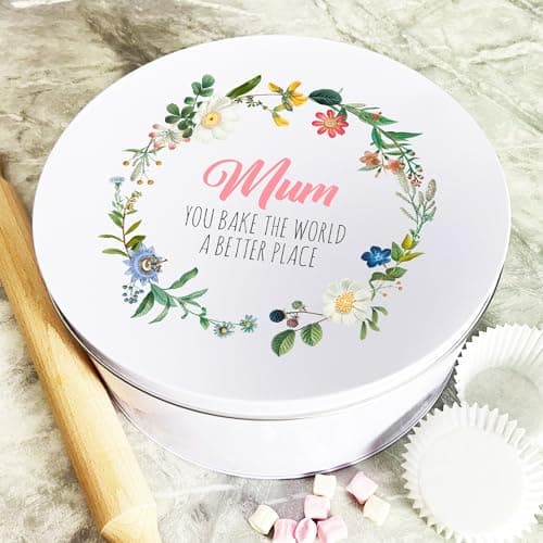 Image of Personalised Round Mum Bake The World A Better Place Baking Treats Cake Tin Personalised Gift | Custom Gift | Personalized Tin | Cake, Biscuit & Treat Tins | Gift For Her | Gift For Him
