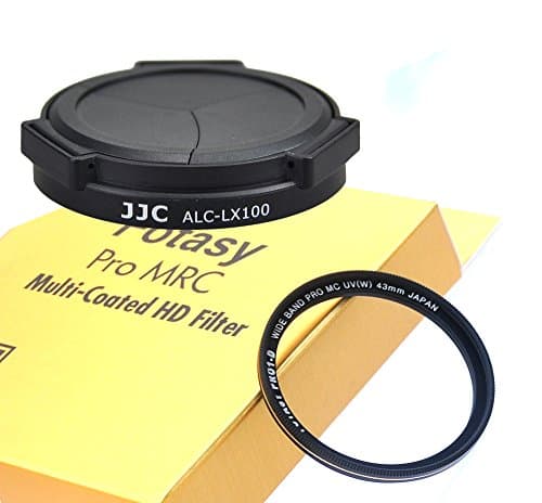 Image of JJC Black LX100 Auto SELF-RETAINING Protective Lens Cap, Compatible with Panasonic Lumix LX100 LX100 II Leica D-LUX Typ 109 D-LUX 7, LX100II Mark II M2, D LUX 7 Lense Cap, 43mm MRC Nano MC UV Filter