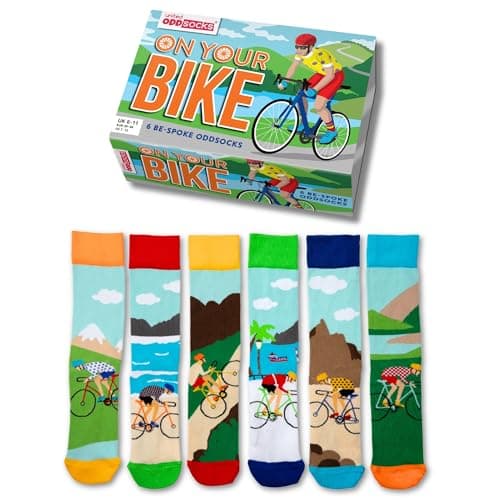 Image of United Oddsocks On Your Bike Men's Odd Socks Gift Box – 6 Colourful Mismatched Cycling-Themed Socks for Men – UK 6-11, EUR 39-46, US 7-12 – Fun Gift for Cyclists, Father's Day, Birthdays & Christmas