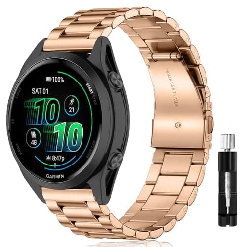 Image of LanQii Metal Strap for Garmin Approach S50/S44/Vivoactive 6/Vivoactive 5/3/Forerunner 570 42mm/165, Stainless Steel Replacement Watch Bracelet Band for Garmin Venu Sq 2/Sq 2 Music Edition, Rose Gold