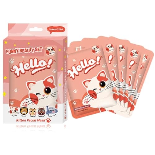 Image of Cute Kitten Cartoon Face Mask 5-Pack Hydrating Moisturising Sheet Masks - Gentle Skincare For Kids And Teenage Girls Spa Party Self Care Fun Gift Set With Whimsical Pink Cat Design