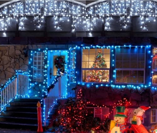 Image of Spot on Dealz® 720 LED Xmas Snowing Icicle Lights LED 8 Function mains Powered operated Christmas decorations for indoor outdoor hanging decoration light cool white