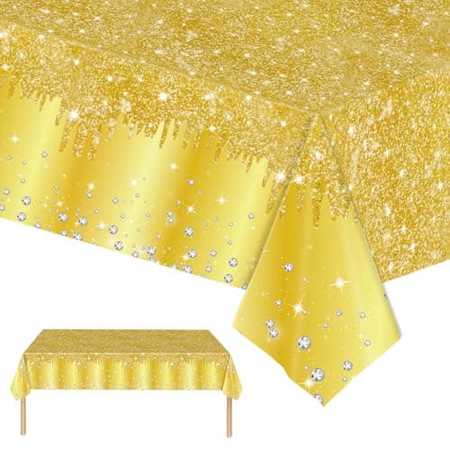 Image of 2pcs Gold Table Cloth Disposable Tablecloths, 137 x 274cm Shiny Glitter Diamond Gold Rectangular Dining Table Cover for Baby Shower, Wedding, Birthday, Graduation, Xmas, New Year Party Decor