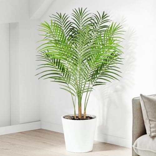 Image of Keeplush Artificial Palm Tree 120cm Tall Fake Palm Tree Indoor Decor with 13 Trunks and Real Bark Design Faux Tropical Areca Silk Floor Plant in Pot for Home Office Living Room Bedroom Decor 1pcs
