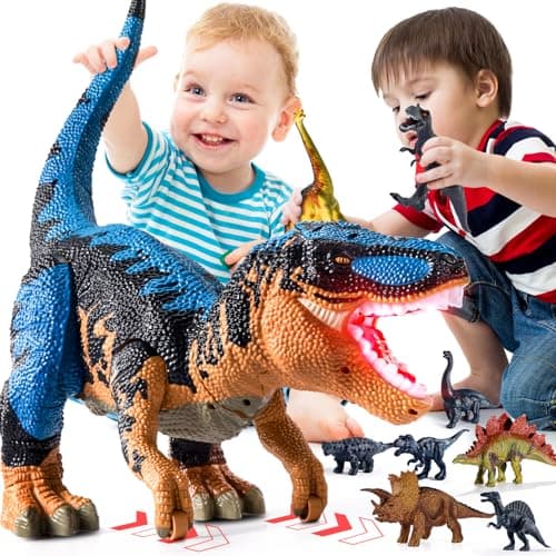 Image of BLmukce Large Dinosaur Toys T-Rex with 10 Mini Dinosaurs Inside, Water Mist Spray & Red Beam, Roaring Sounds & Effects – Educational Toy for Kids 3 4 5 6 Years Old Boys & Girls