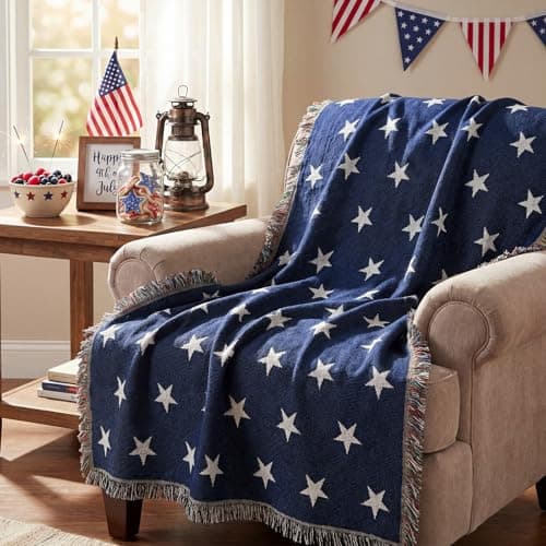Image of Frienda 4th of July American Flag Blanket 69x48 Inch Soft Tapestry Throw Woven from Cotton for Blue Stars Blanket USA Military Veteran July 4th Gift Patriotic Independence Day Decor for Sofa Couch Bed