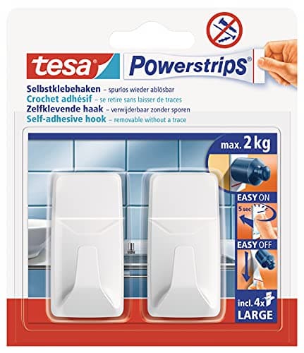 Image of tesa Powerstrips Hook - Self-Adhesive Wall Hook for Glass, Tiles, Wood, Plastic and Other Surfaces - Rectangular Hook - Powerstrips Technology - Large