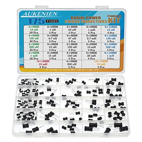 Image of AUKENIEN 23 Values 175pcs 1uH to 20mH Inductor Kit 1 4.7 10 15 33 47 100 150 220 330 uH 1 2.7 10 20 mH 4X6 6X8 8X10 9X12 10X16 MM Inductors I-shaped DIP Radial Power Choke Inductor Assortment