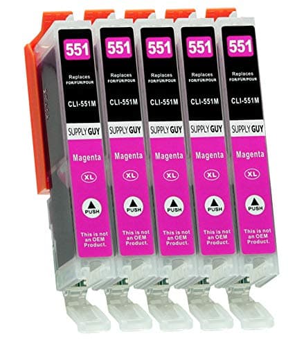 Image of Supply Guy 5 Ink Cartridges compatible with Canon CLI-551 Magenta with Chip and Level Indicator for IP7250 IP8750 IX6850 MG5450 MG5550 MG5650 MG5655 MG6350 MG6450 MG6650 MG7150 MG7550 MX725 MX925