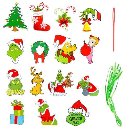 Image of Rumyve 15pcs Christmas Hanging Ornaments,Grinch Pendants,Cute Paper Cutouts Hanging Sign Decor for Hanging on Xmas Tree, Winter Holiday Party Supplies