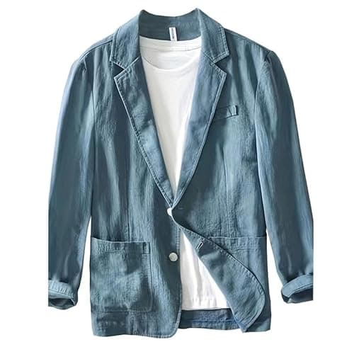 Image of Yahbrra Men's Linen Jacket Blazer Leisure Suit Jacket Two Button Lightweight Sports Coats Slim Fit Leisure Blazer Men's Suit Jacket Jacket Sporty Leisure Two Button Lightweight Sports Coats Dark Blue