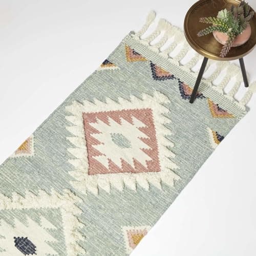 Image of HOMESCAPES Blue & White Handwoven Kilim Rug Carpet Runner for Hallway 66 x 200 cm Traditional Geometric Pattern 'Tenali' Wool & Cotton Rug with Tassels