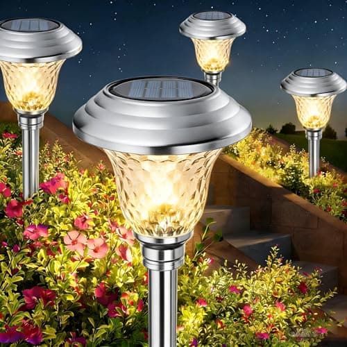 Image of BEAU JARDIN 4 Pack Metal Garden Solar Lights Outdoor Christmas Decorations Waterproof 900mAh LED Solar Stake Glass Lens Stainless Steel Lights Outdoor Garden Stake Sun Powered Landscape Lawn
