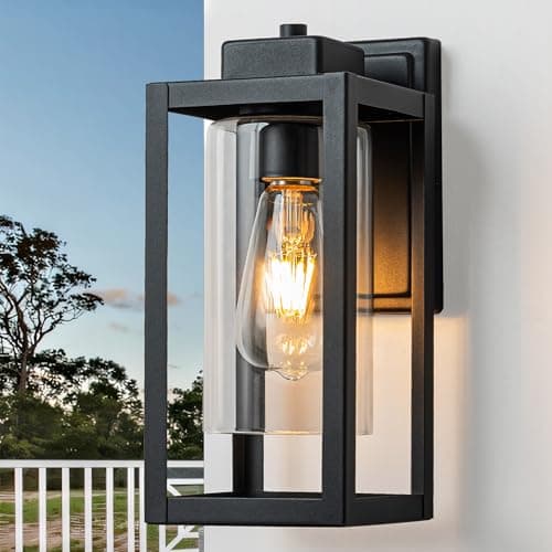 Image of FTL Outdoor Wall Lights, Porch Lights Outdoor Glass Light E27, Matte Black Exterior Lantern Wall Lighting, IP44 Waterproof Garden Wall Light, Modern Outside Wall Lamps for Patio, House, Garage