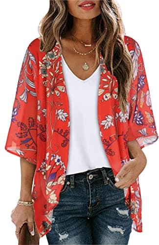 Image of florynova Womens Tops Floral Print Open Front Kimono Cardigan Casual Bikini Cover Up(Boho Red,XL)