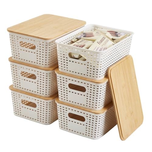 Image of Sagittar Set of 6 Storage Boxes with Bamboo Lid, Imitation Rattan Plastic Storage Basket, Stackable Storage Bins, Ideal for Kitchen, Bathroom, Office, Wardrobe (White)