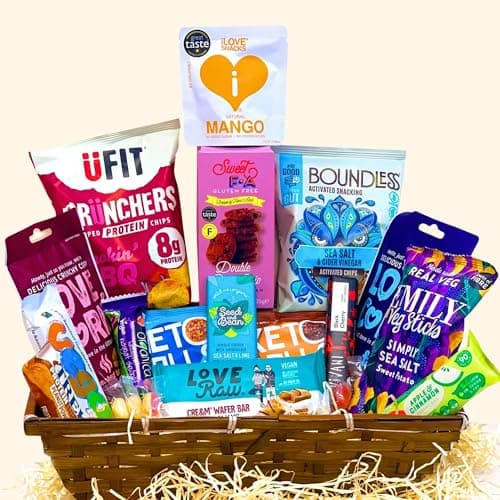 Image of GuiltFree Premium Vegan Hamper Basket - Vegan Treats Gift Box for all occasions with protein chips, sweet and savoury snacks, and indulgent wafer bars for Men & Women