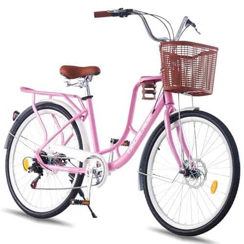 Image of LSBIKE Ladies Bike with Basket 24/26in 7 Speed City Bicycle Women Girls Comfort Bike Lightweight Frame Hybrid Disc Brakes with Cupholder Steel Rear Rack Adjustable Handbar and Seat (Pink, 24inch)