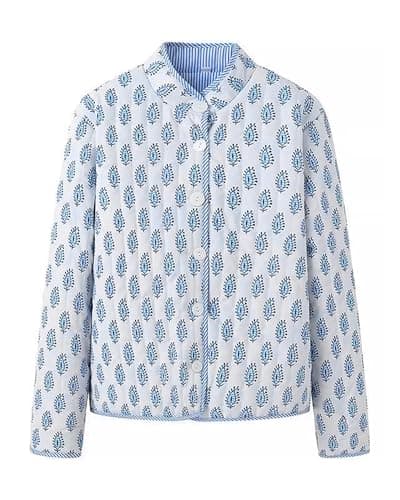 Image of Women's Y2K Quilted Jacket Double Sided Printed Mock Neck Long Sleeve Button Down Coat Fall Casual Outerwear (A-Blue, M)