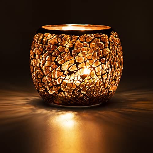 Image of Larcenciel Mosaic Glass Candle Holder/Tea Light Holder/Vase/Pen Holder, Romantic Handmade Shattered Glass Tea Light Candle Shade/Potted Plants Bowl for Home Decoration Wedding Party (Amber)